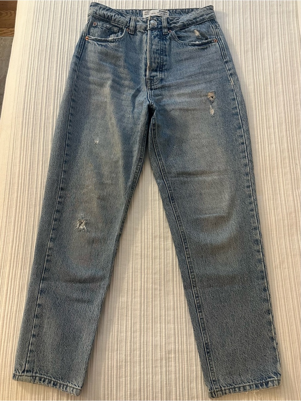 stradivarius Women's Straight Leg Distressed Light Blue Jeans